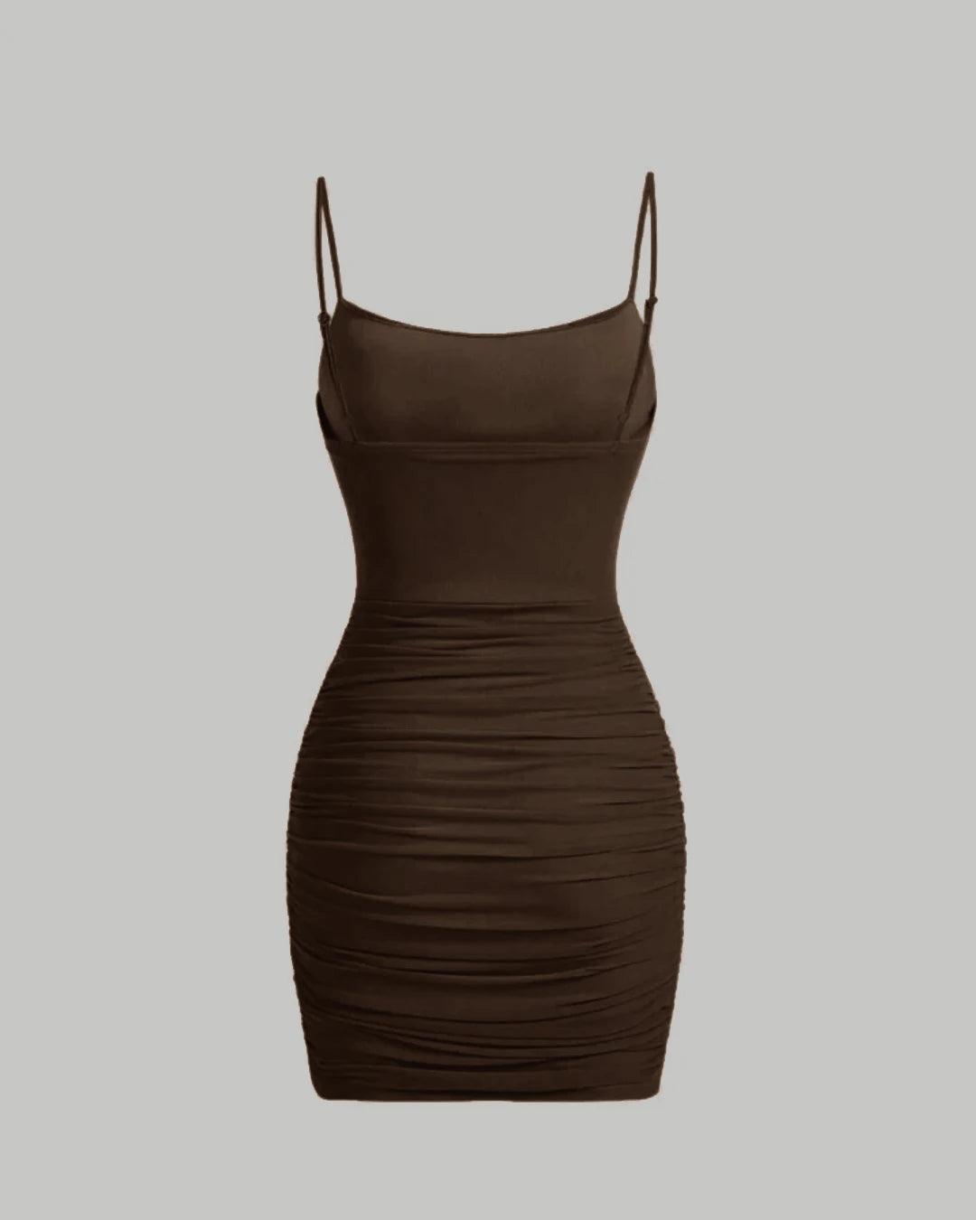 XS Ruched Mesh Cami Summer Short Bodycon Dress In Brown