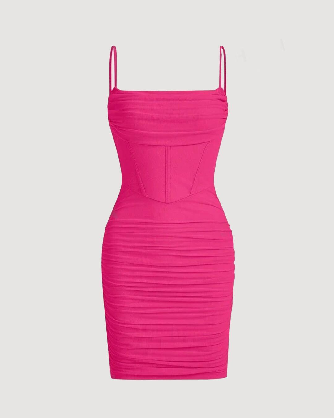 Ruched Mesh Cami Summer Short Bodycon Dress In Hot Pink