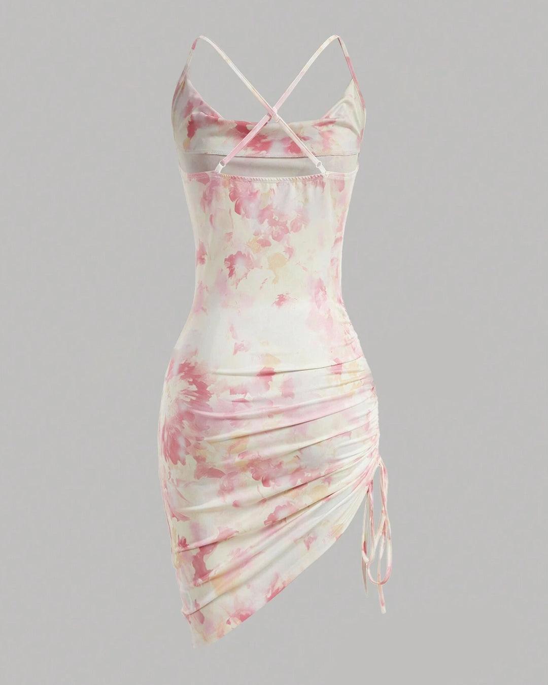 Floral Print Draped Neckline Mini Bodycon Dress