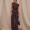 Ruched One-Shoulder Top with Matching Wide Leg Pants in Brown