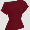 Ruched one-shoulder asymmetric top in maroon with short sleeves, showcasing a stylish and modern design for women.