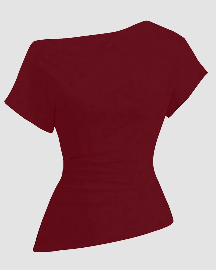 Ruched one-shoulder asymmetric top in maroon with short sleeves, showcasing a stylish and modern design for women.