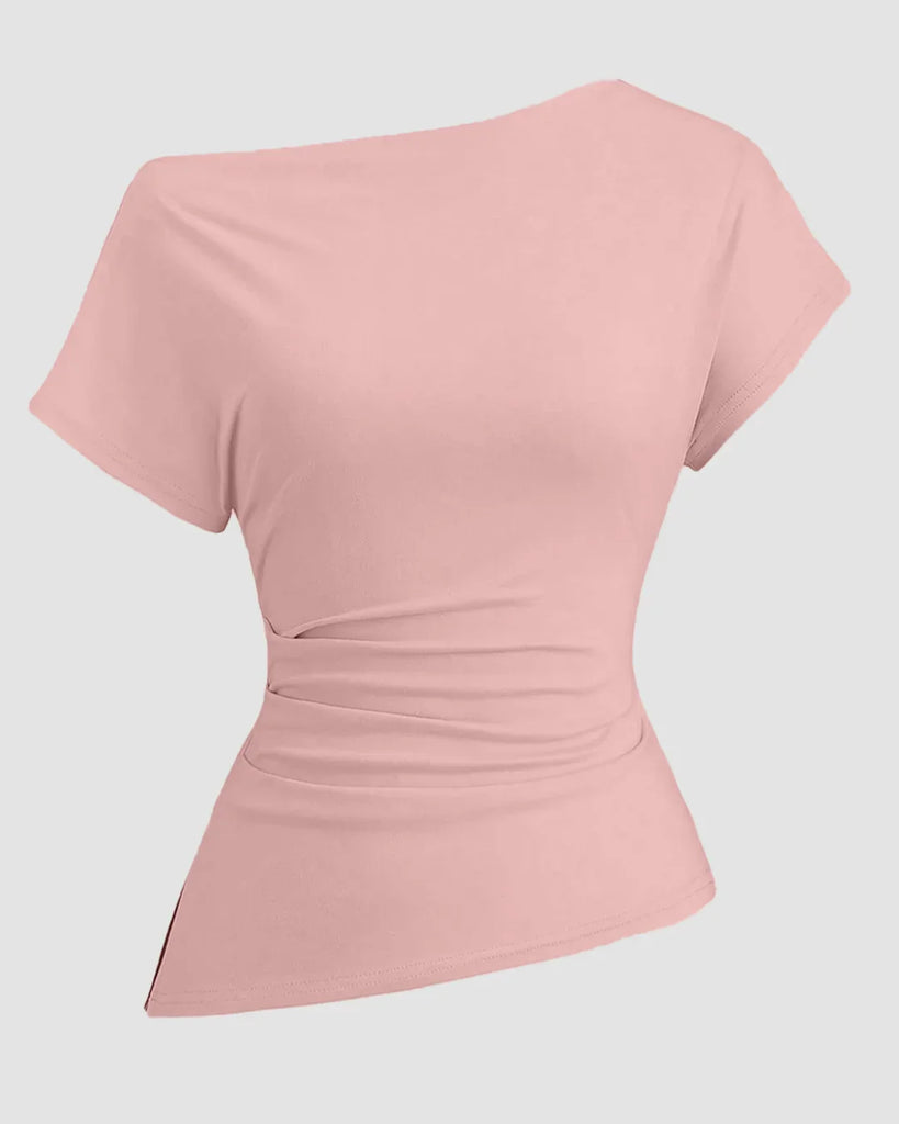 Pink ruched top with an asymmetric neckline, featuring one shoulder design in a rose color.