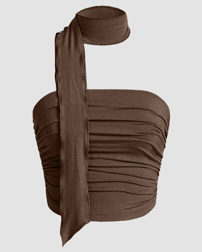 Brown strapless crop top with a ruched design and a tie around the neck, showcasing a stylish one-shoulder look.