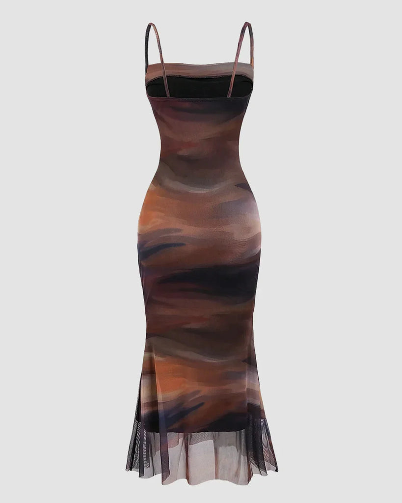 Back view of a Ruched sheer mesh mermaid hem dress featuring a stylish brown and black print.
