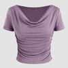 Front view of Lilac ruched short sleeve top with a soft cowl neckline and fitted silhouette, offering a flattering and elegant everyday look