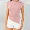 Pink ruched cap sleeve top with a side slit, designed in a stylish rose color.