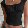 Ruched Slim Fit Short Sleeve Crop Top in Black Front View for Women | Littlebox India