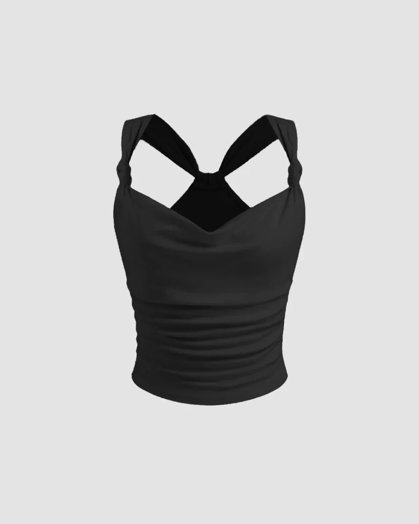 Black ruched strap tank top with a sweetheart neckline, black sleeveless top design, in a soft vanilla