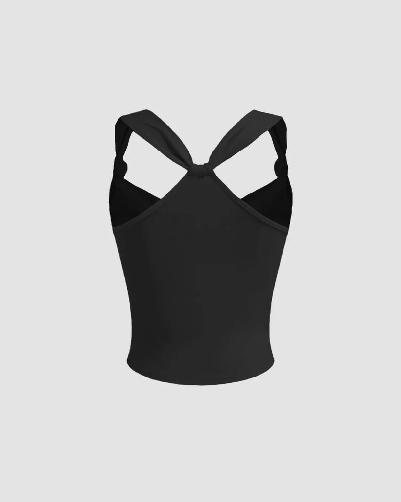 Back side of Black ruched strap tank top with a sweetheart neckline, black sleeveless top design, in a soft vanilla