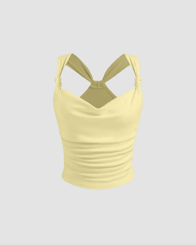 Yellow ruched strap tank top with a sweetheart neckline, sleeveless design, in a soft vanilla color