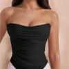 Front view of mesh strapless corset tube top in black, featuring a ruched design for a flattering, sculpted silhouette 
