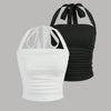 Ruched Strappy Back Halter Crop Tops Combo in White and Black Front View for Women | Littlebox India