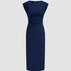 Navy blue bodycon midi dress with cap sleeves and a ruched waist, made from stretchy fabric for a flattering fit.