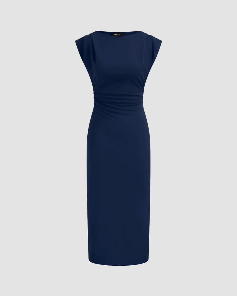 Navy blue bodycon midi dress with cap sleeves and a ruched waist, made from stretchy fabric for a flattering fit.