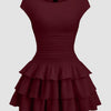 Ruched Waist Tiered Ruffle Mini Dress in Cherry Front View for Women | Littlebox India