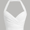 White ruched wrap front halter top with a stylish stop neck design.