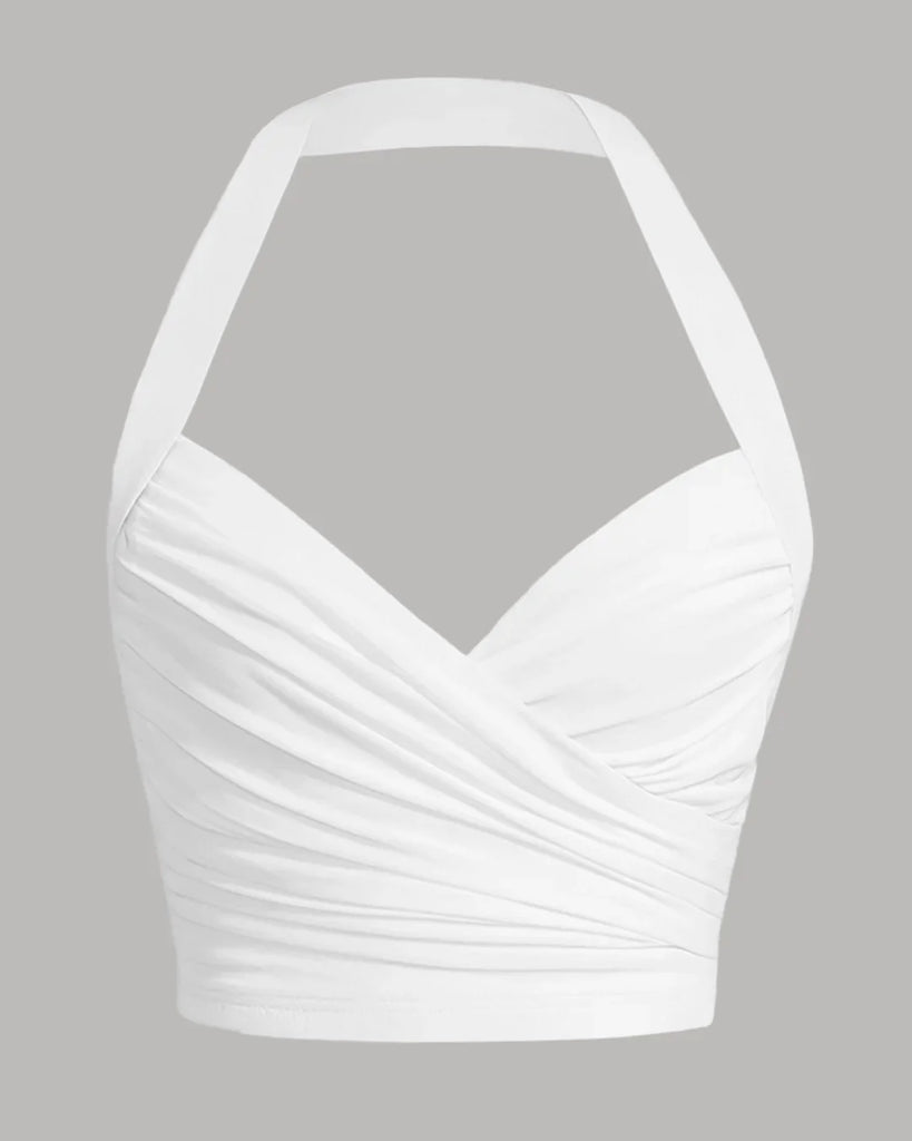 White ruched wrap front halter top with a stylish stop neck design.
