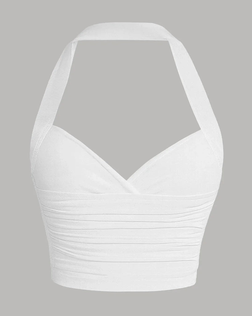 White ruched wrap front halter top with a stylish stop neck design.