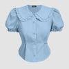 Ruffle Collar Puff Sleeve Fitted Blouse in Sky Blue Front View for Women | Littlebox India