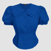 Ruffle Collar Puff Sleeve Fitted Blouse in Surf Blue Front View for Women | Littlebox India