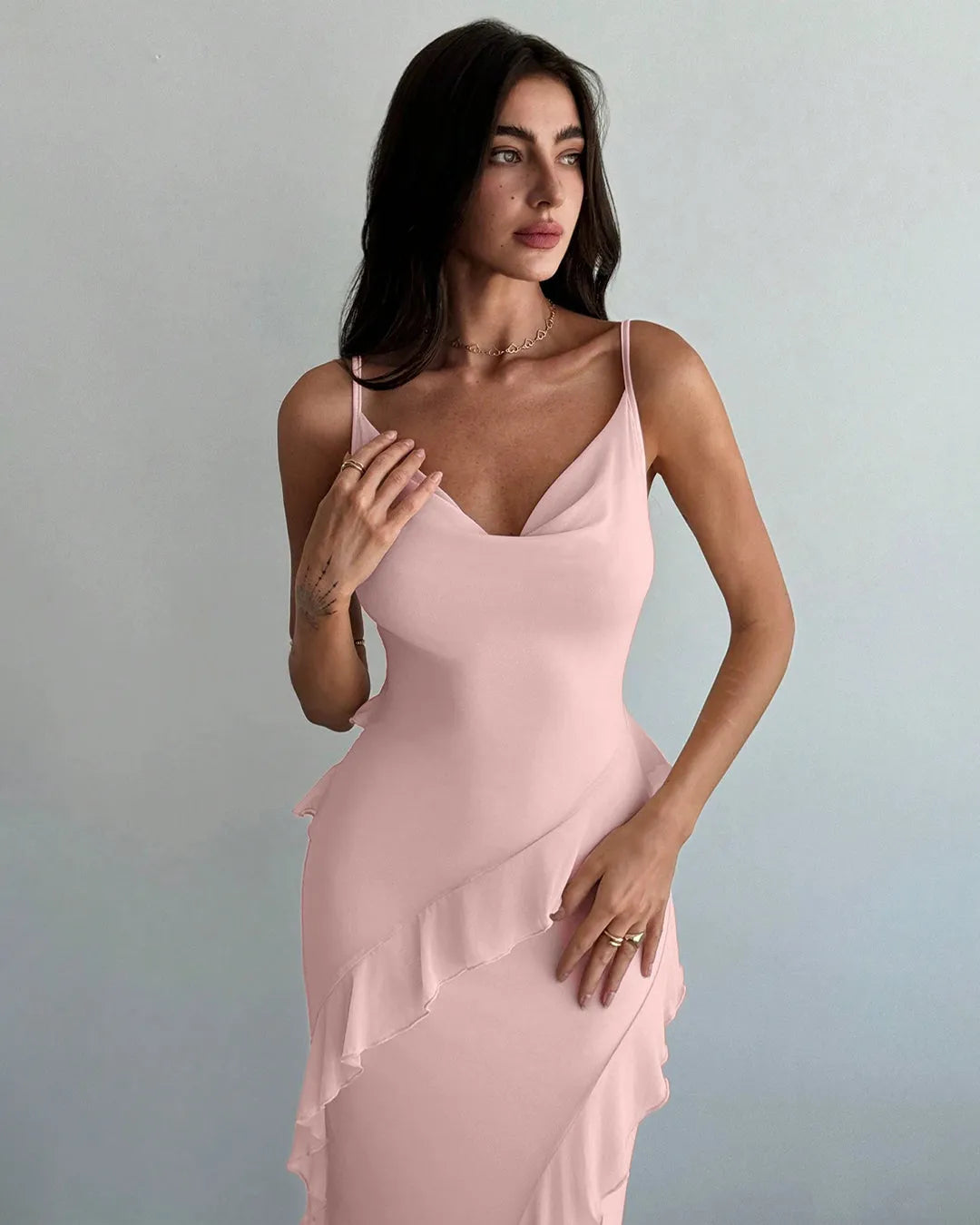 Ruffle Detail Spaghetti Strap Light Pink Maxi Dress