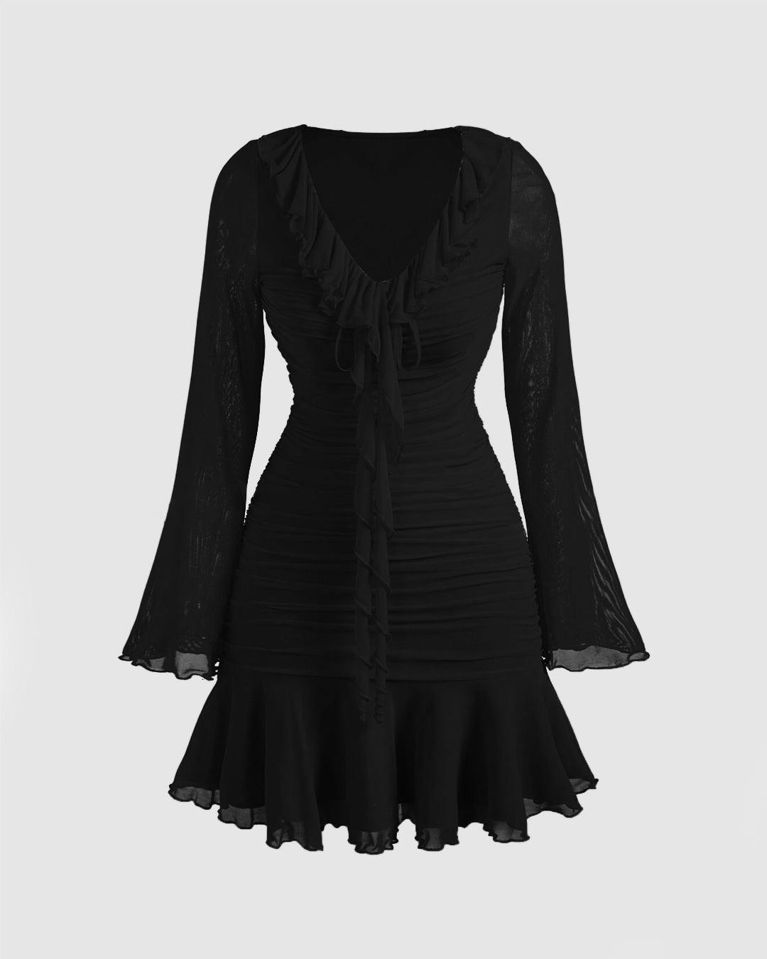 black ruffle mini dresses long sleeve Hem Dress Y2K early 2000s cocktail dress Color:As Picture show Alice + Olivia Embroidered Loosely Fitted