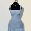 Ruffle Hem Square Neck Mini Fitted Dress in Dusty Blue Front View for Women | Littlebox India
