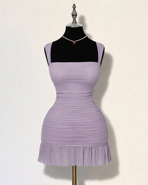 Front view of light purple square neck mini dress with ruched fit and ruffle hem, cute light purple dress.