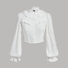 A white fulll sleeve top featuring ruffled sleeves and a cropped design, showcasing a flounce sleeve style.