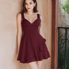 Ruffle Wrap V Neck Short Sleeve Tie Knot Short Dress In Maroon On Model for Women | Littlebox India