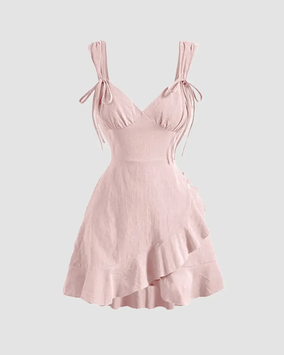 Ruffle Wrap V Neck Short Sleeve Tie Knot Short Dress In Powder Pink