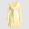 Ruffled V Neck Tie Up Long Sleeve Mini Dress in French Vanilla Front View for Women | Littlebox India