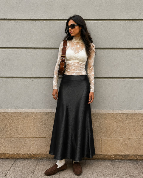 High Waist Satin Midi Skirt in Jet Black