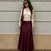 High Waist Satin Midi Skirt in Wine Maroon