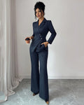 Navy Blue Striped V-Neck Asymmetric Long Sleeve Jacket & Wide-Leg Pants Suit