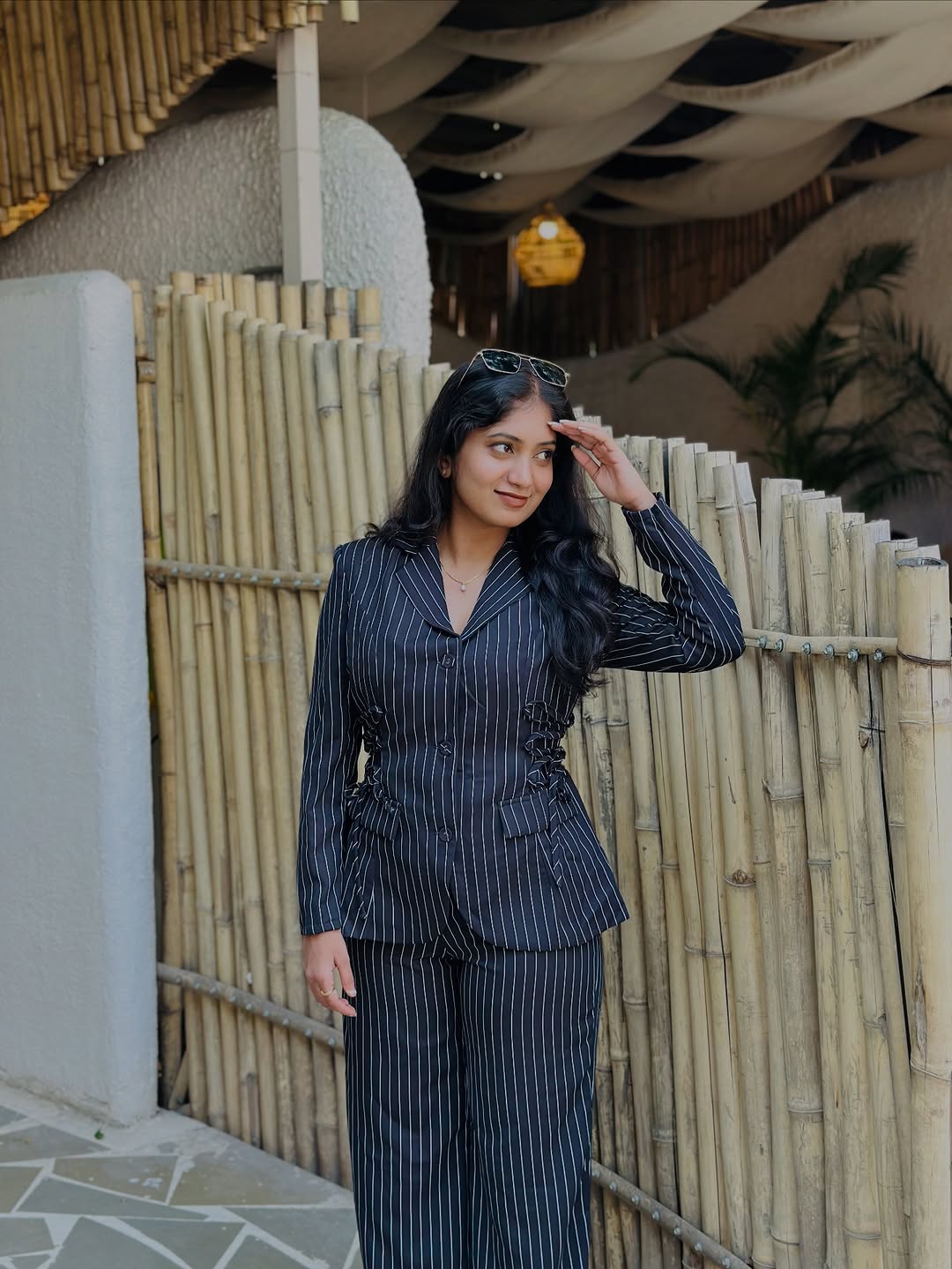 Customer photo 1 of Navy Blue Striped V-Neck Asymmetric Long Sleeve Jacket & Wide-Leg Pants Suit