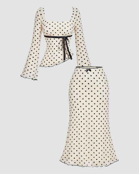 Polka Dot Bow Detail Crop Top & Asymmetric Hem Midi Skirt Two-Piece Set