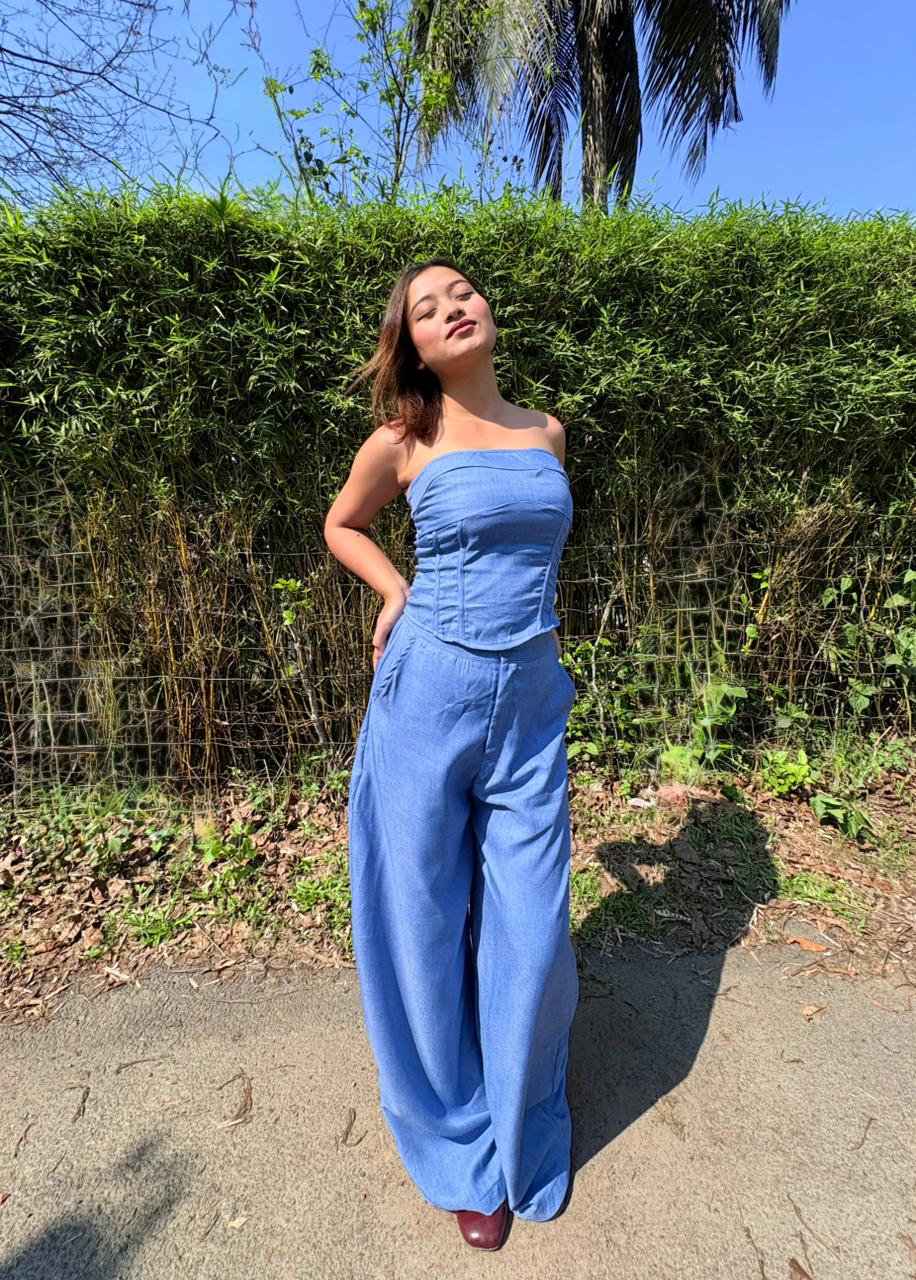 Customer photo 2 of Lace Up Corset Bandeau Top & Mid Rise Barrel-leg Trousers Set in Dark Blue