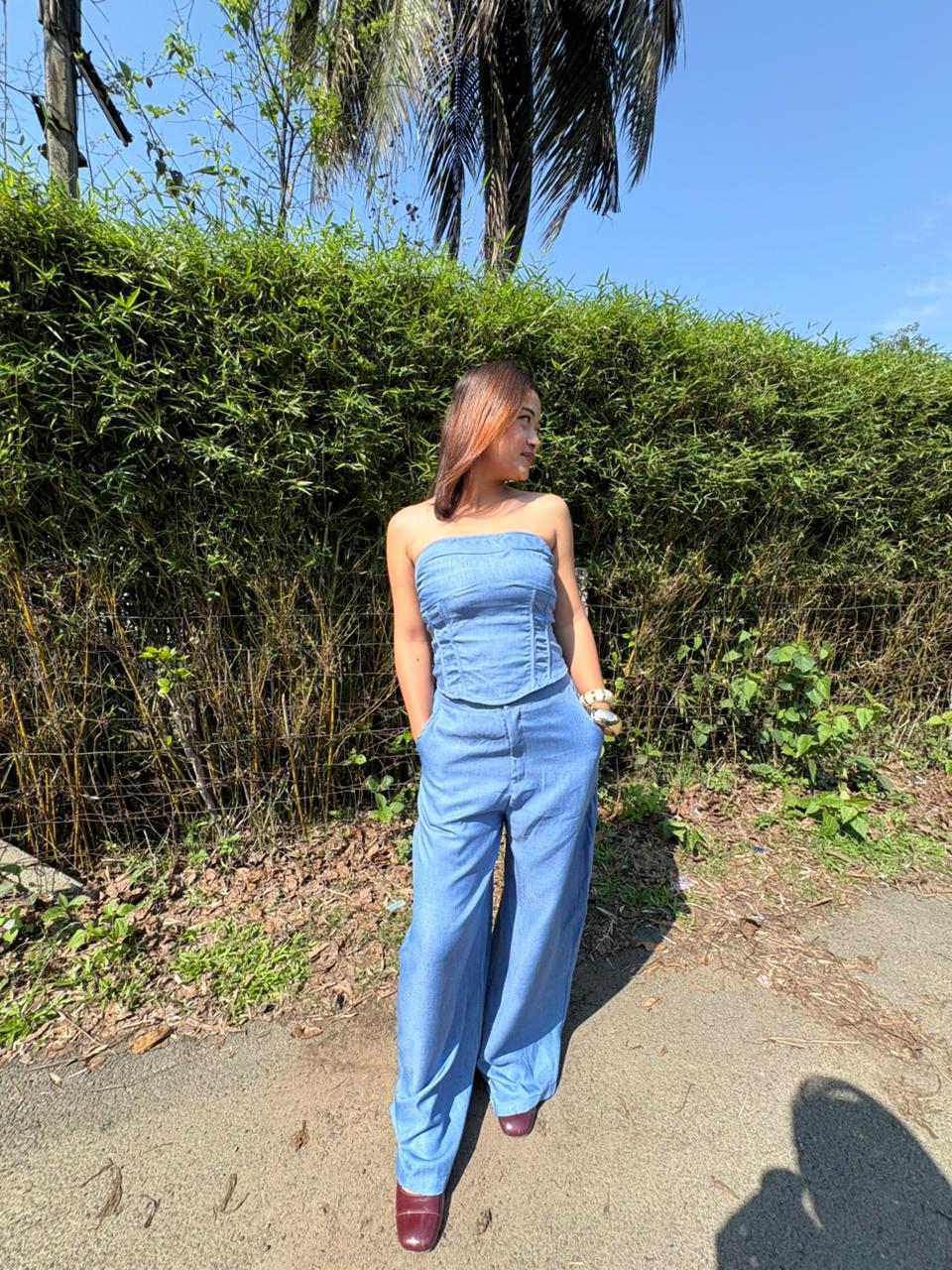 Customer photo 1 of Lace Up Corset Bandeau Top & Mid Rise Barrel-leg Trousers Set in Dark Blue