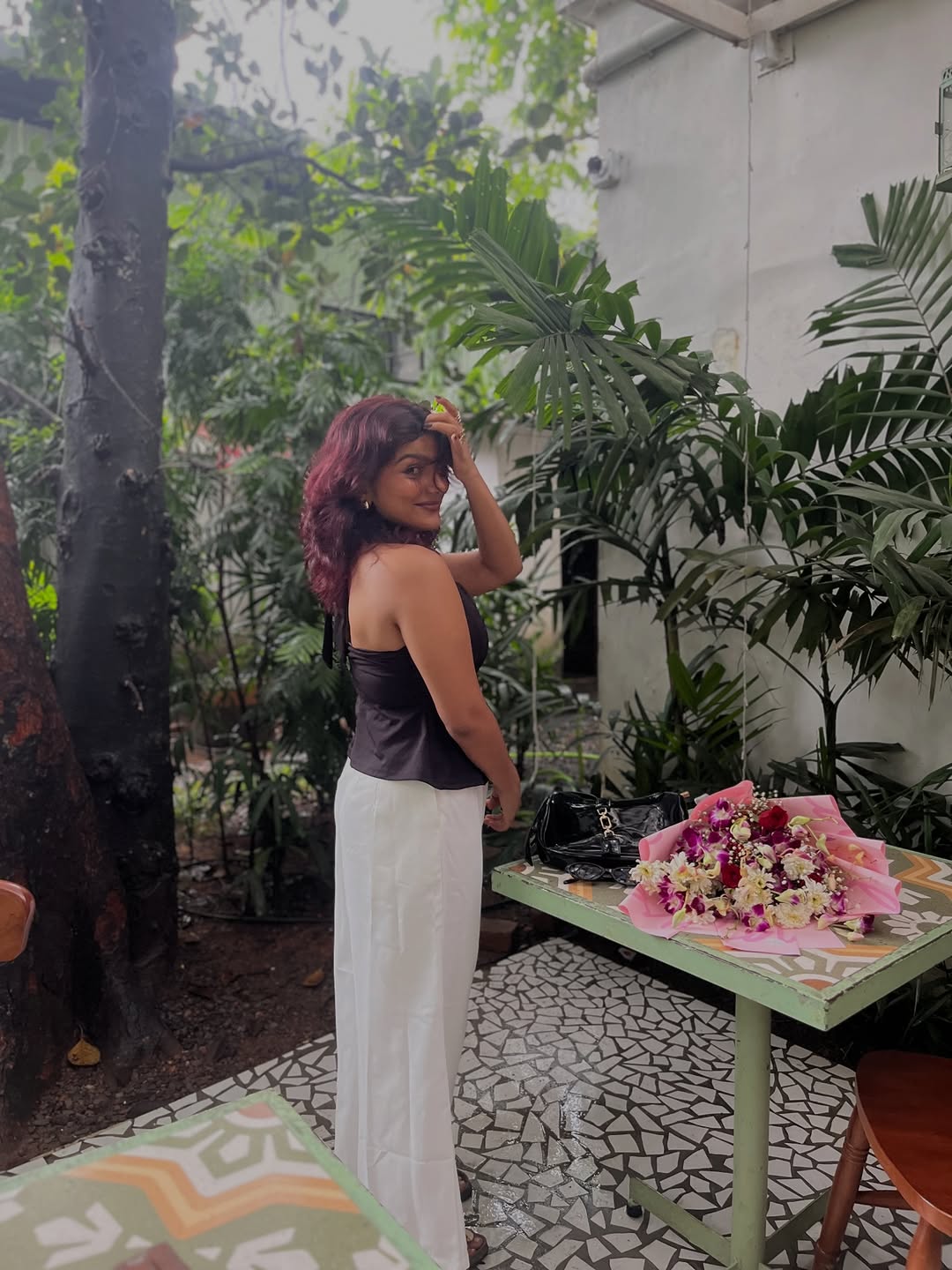 Customer photo 2 of Halter Neck Top and Wide Leg Straight Pants Set in White and Black