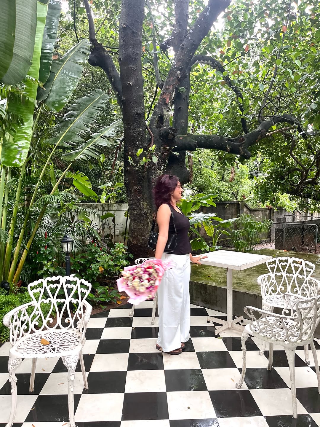 Customer photo 1 of Halter Neck Top and Wide Leg Straight Pants Set in White and Black
