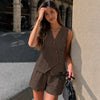 Tie Front Top And Mini Shorts Two Piece Set in Chocolate Brown