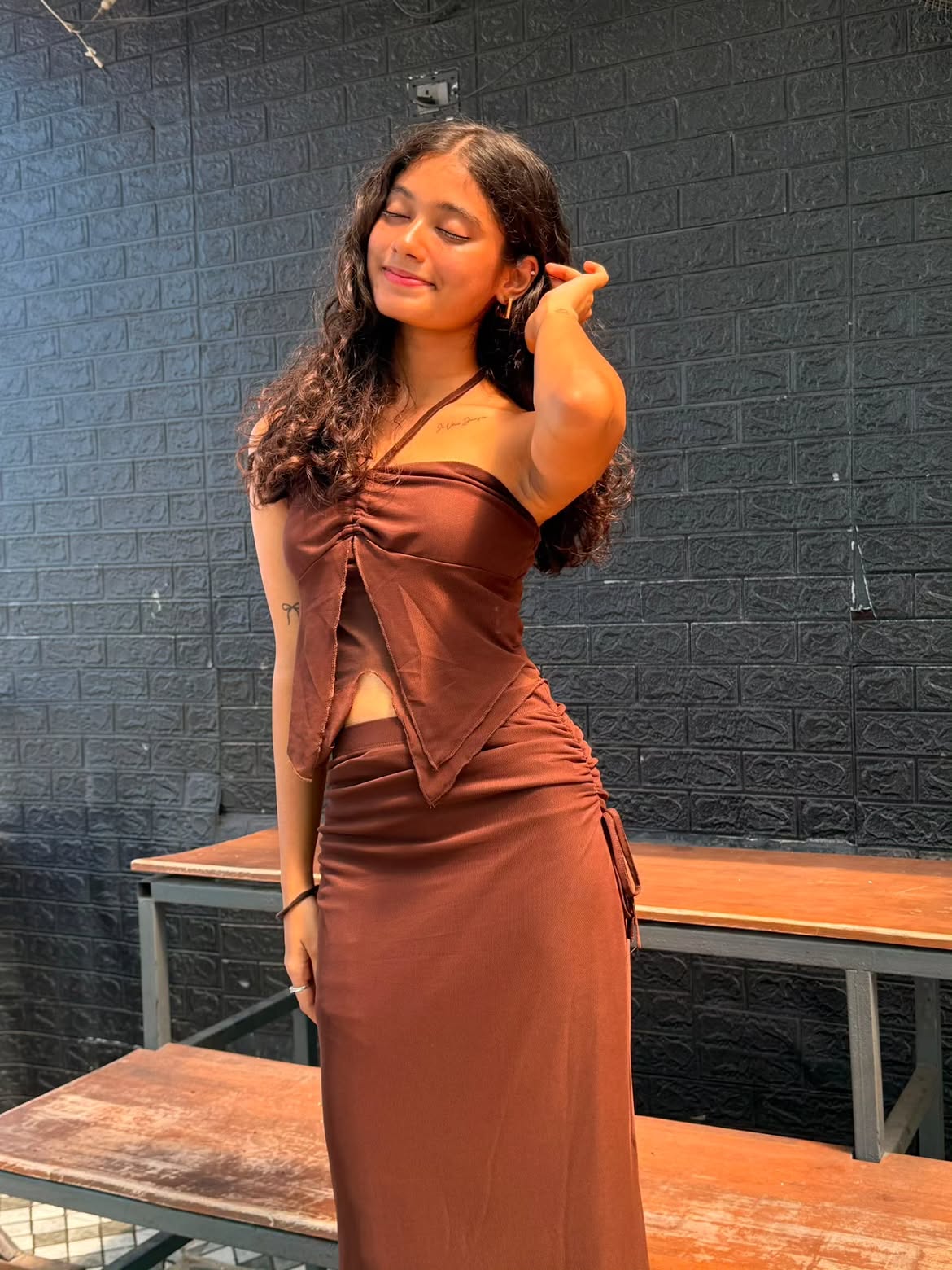 Customer photo 1 of Bohemian Strapless Sleeveless Mesh Ruffle Top And Mermaid Skirt Set in Coco Brown