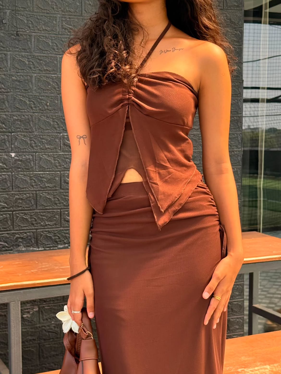 Customer photo 3 of Bohemian Strapless Sleeveless Mesh Ruffle Top And Mermaid Skirt Set in Coco Brown