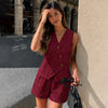Tie Front Top And Mini Shorts Two Piece Set in Burgundy