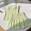 Tie Strap Gingham Cami and Ruffle Hem Mini Skirt Set in Light Green