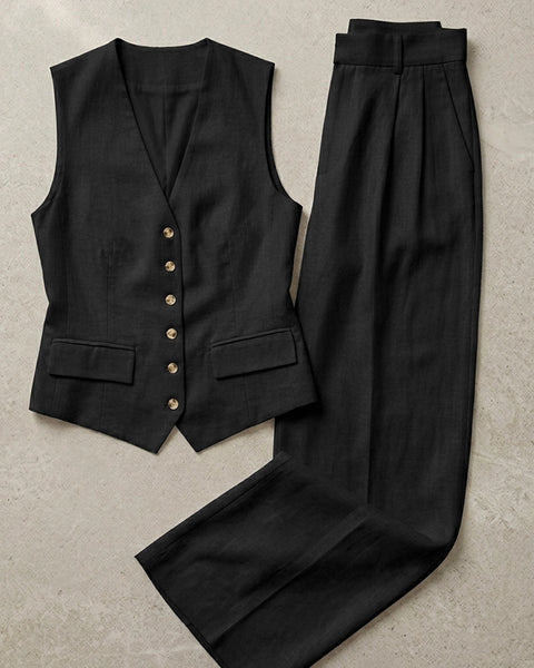 V Neck Sleeveless Waistcoat and Trouser in Soft Black