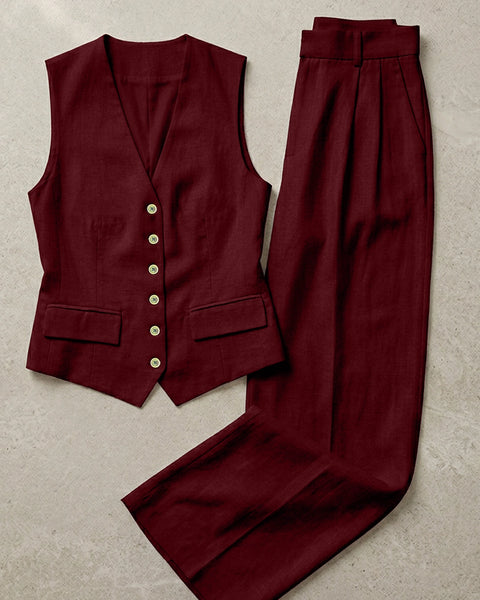 V Neck Sleeveless Waistcoat and Trouser in Deep Maroon