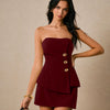 Strapless Bustier Top And Mini Skirt Two Piece Set in Deep Maroon